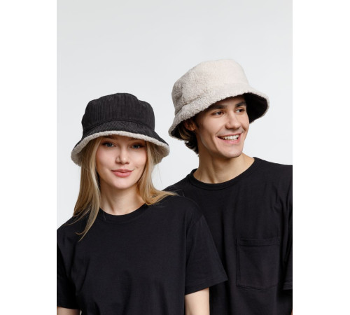Панама Bucket двусторонняя утепленная, темно-серая с бежевым